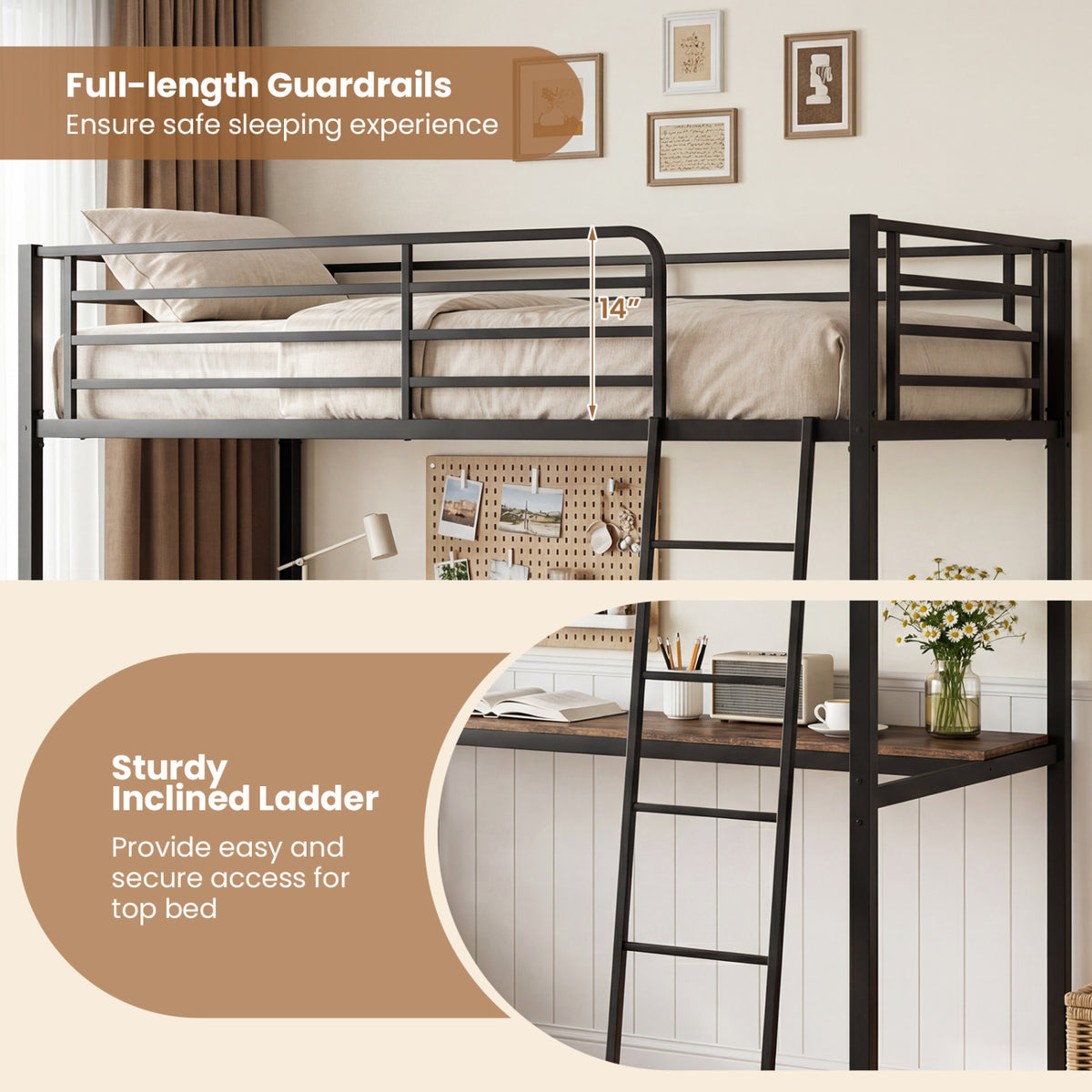 Twin Loft Bed with Desk and Shelves for Kids and Adults-Rustic Brown