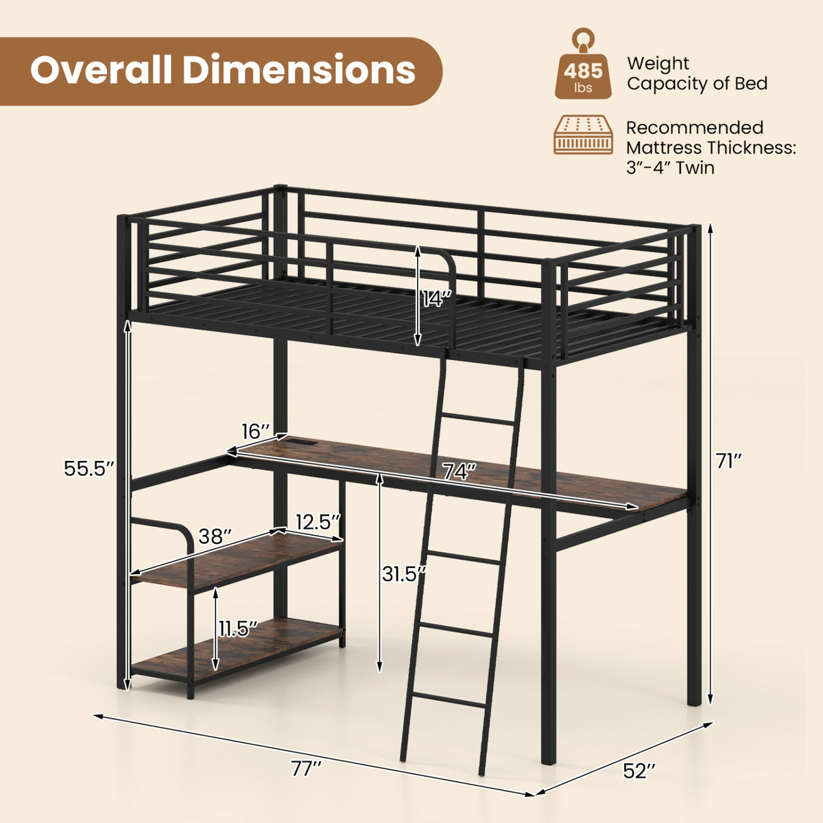 Twin Loft Bed with Desk and Shelves for Kids and Adults-Rustic Brown