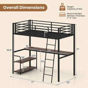 Twin Loft Bed with Desk and Shelves for Kids and Adults-Rustic Brown
