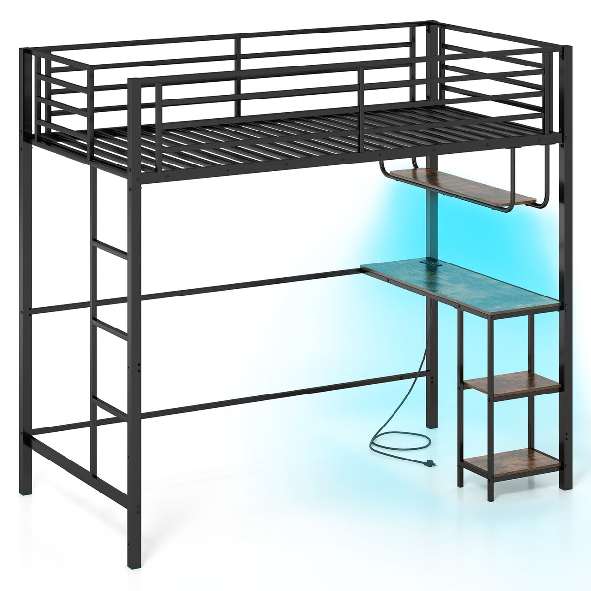Twin Loft Bed with Desk LED Lights Charging Station Heavy-duty Metal Bed Frame with Guardrail-Black