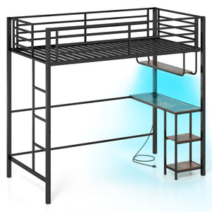 Twin Loft Bed with Desk LED Lights Charging Station Heavy-duty Metal Bed Frame with Guardrail-Black