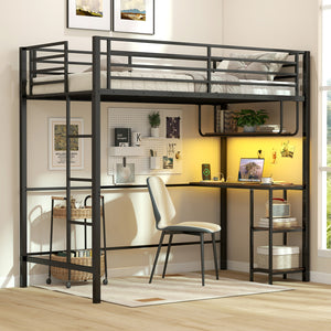 Twin Loft Bed with Desk LED Lights Charging Station Heavy-duty Metal Bed Frame with Guardrail-Black