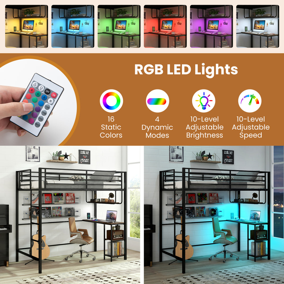 Twin Loft Bed with Desk LED Lights Charging Station Heavy-duty Metal Bed Frame with Guardrail-Black