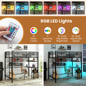 Twin Loft Bed with Desk LED Lights Charging Station Heavy-duty Metal Bed Frame with Guardrail-Black