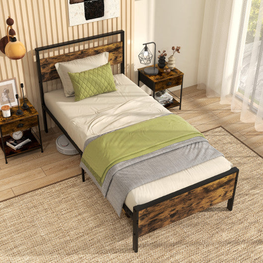 Twin Metal Bed Frame Industrial Platform Bed with Wooden Headboard-Twin Size