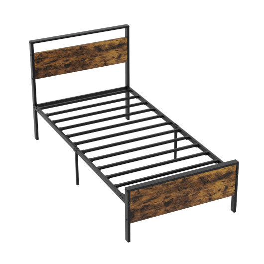 Twin Metal Bed Frame Industrial Platform Bed with Wooden Headboard-Twin Size