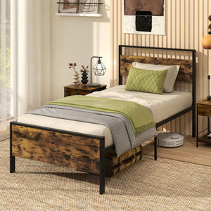Twin Metal Bed Frame Industrial Platform Bed with Wooden Headboard-Twin Size