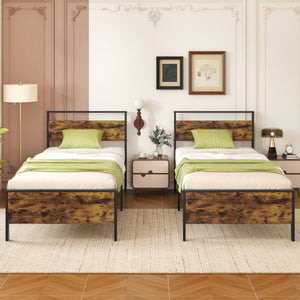 Twin Metal Bed Frame Industrial Platform Bed with Wooden Headboard-Twin Size