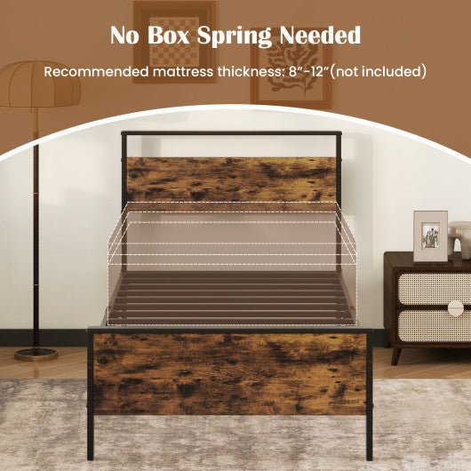 Twin Metal Bed Frame Industrial Platform Bed with Wooden Headboard-Twin Size