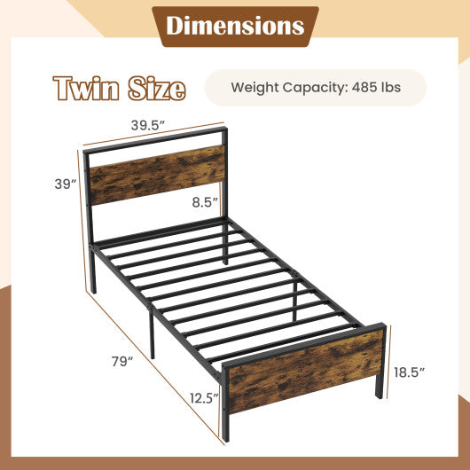Twin Metal Bed Frame Industrial Platform Bed with Wooden Headboard-Twin Size