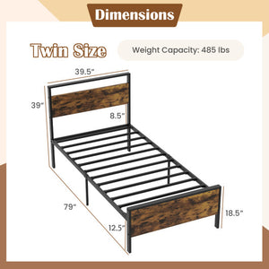 Twin Metal Bed Frame Industrial Platform Bed with Wooden Headboard-Twin Size