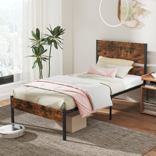 Twin/Full/Queen/King Metal Bed Frame with Wooden Headboard and Footboard-Twin Size