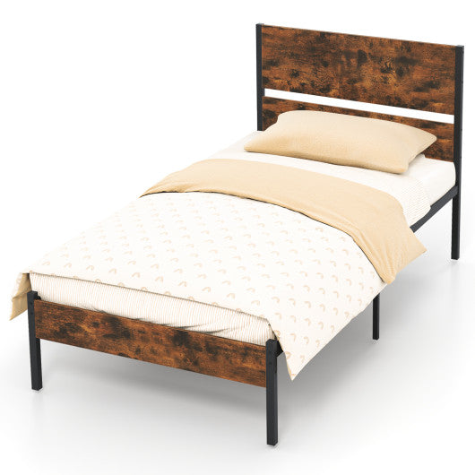 Twin/Full/Queen/King Metal Bed Frame with Wooden Headboard and Footboard-Twin Size