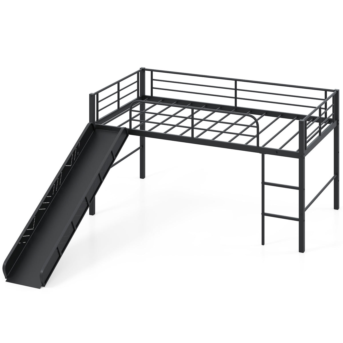 Twin Metal Loft Bed with Slide Safety Guardrails and Built-in Ladder-Black