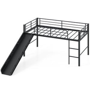 Twin Metal Loft Bed with Slide Safety Guardrails and Built-in Ladder-Black