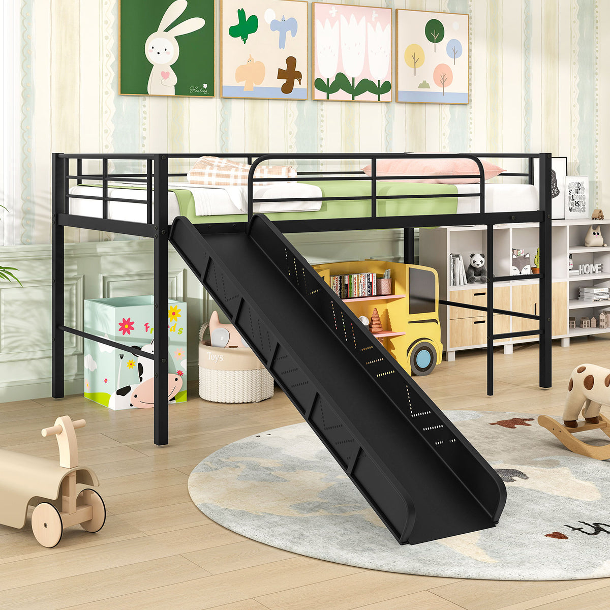 Twin Metal Loft Bed with Slide Safety Guardrails and Built-in Ladder-Black
