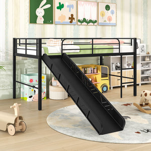 Twin Metal Loft Bed with Slide Safety Guardrails and Built-in Ladder-Black