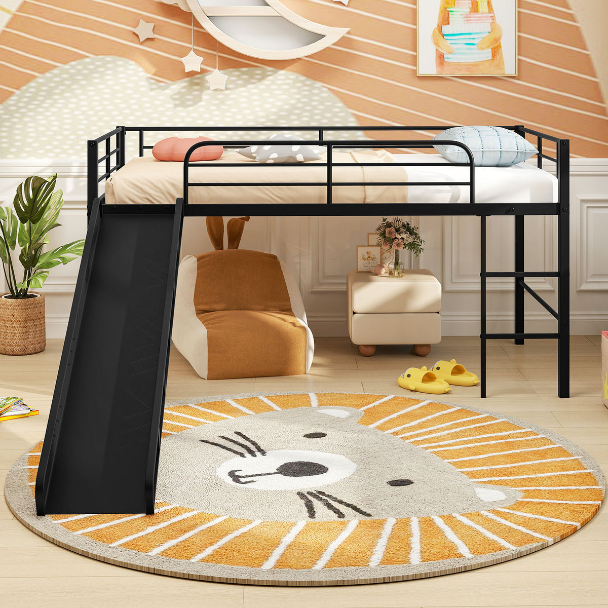 Twin Metal Loft Bed with Slide Safety Guardrails and Built-in Ladder-Black