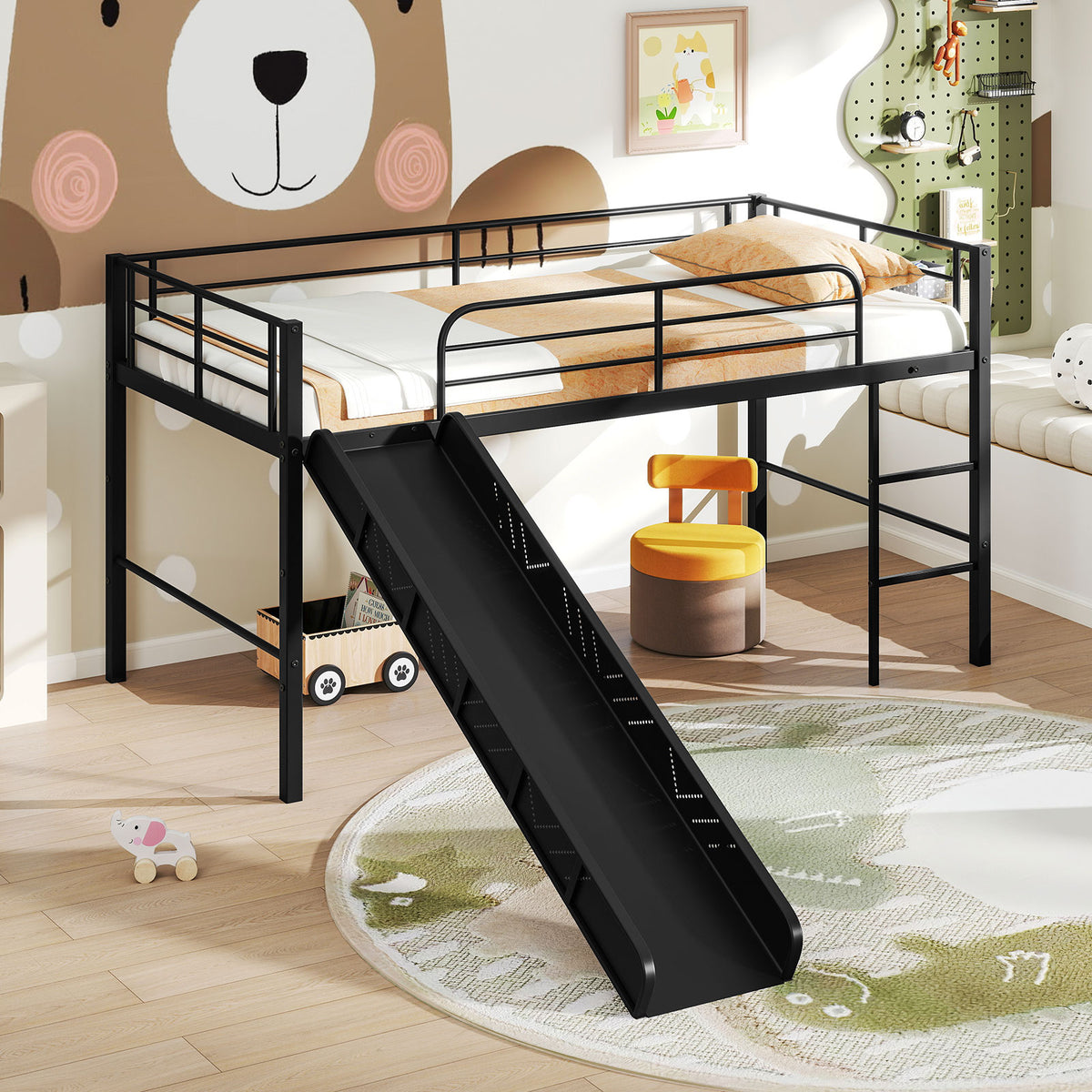 Twin Metal Loft Bed with Slide Safety Guardrails and Built-in Ladder-Black