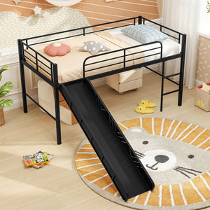 Twin Metal Loft Bed with Slide Safety Guardrails and Built-in Ladder-Black
