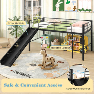 Twin Metal Loft Bed with Slide Safety Guardrails and Built-in Ladder-Black