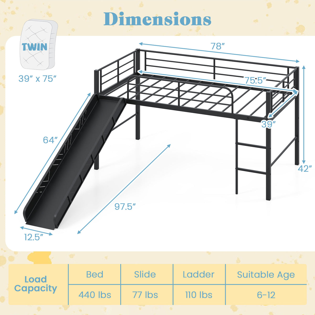 Twin Metal Loft Bed with Slide Safety Guardrails and Built-in Ladder-Black