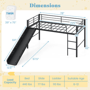Twin Metal Loft Bed with Slide Safety Guardrails and Built-in Ladder-Black