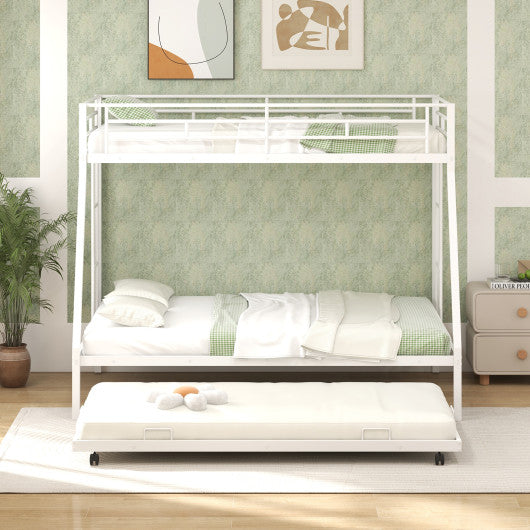 Twin Over Full Bunk Bed Frame with Trundle for Guest Room-White