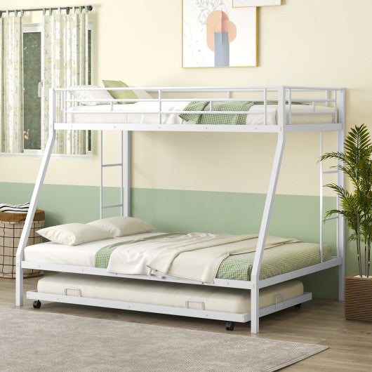 Twin Over Full Bunk Bed Frame with Trundle for Guest Room-White