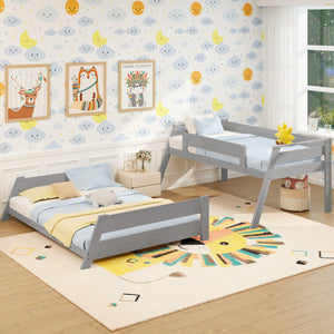 Twin Over Full Low Bunk Bed with Reversible Ladder-Gray