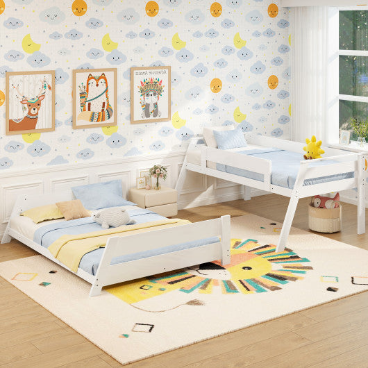 Twin Over Full Low Bunk Bed with Reversible Ladder-White