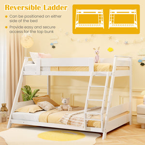 Twin Over Full Low Bunk Bed with Reversible Ladder-White