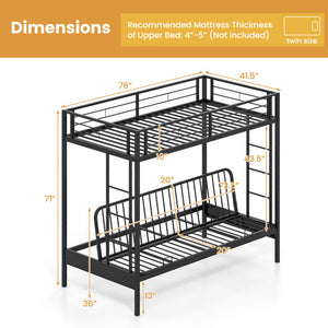 Twin Over Futon Bunk Bed with 2 Ladders and Safety Guardrails-Black