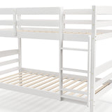 Solid Wood Twin Over Twin Bunk Bed Frame with High Guardrails and Integrated Ladder-White