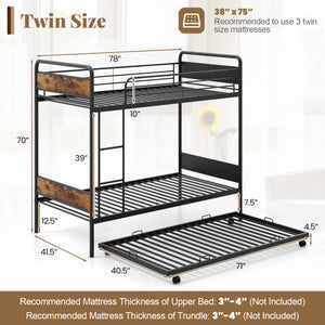 Twin Over Twin Bunk Bed with Trundle with Ladder and Full-length Guardrails-Black