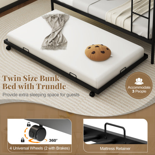 Twin Over Twin Bunk Bed with Trundle with Ladder and Full-length Guardrails-Black