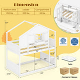 Twin Over Twin Bunk Bed for Kids with Roof and Lockable Window-White