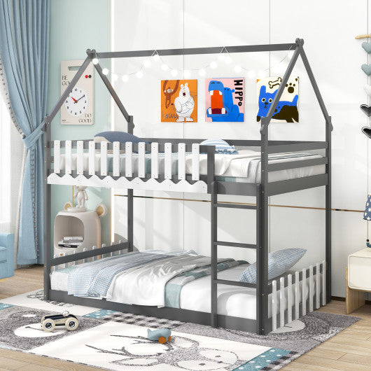 Twin Over Twin Bunk Bed with Fence and Ladder for Kids-Gray
