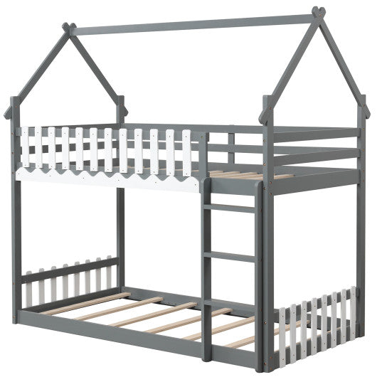 Twin Over Twin Bunk Bed with Fence and Ladder for Kids-Gray