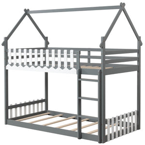 Twin Over Twin Bunk Bed with Fence and Ladder for Kids-Gray