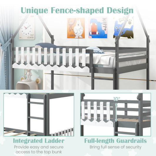 Twin Over Twin Bunk Bed with Fence and Ladder for Kids-Gray