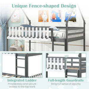 Twin Over Twin Bunk Bed with Fence and Ladder for Kids-Gray