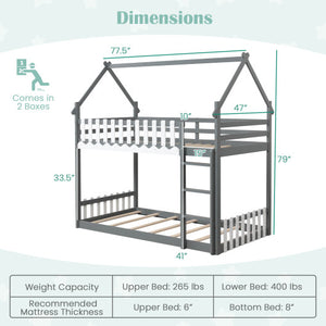 Twin Over Twin Bunk Bed with Fence and Ladder for Kids-Gray
