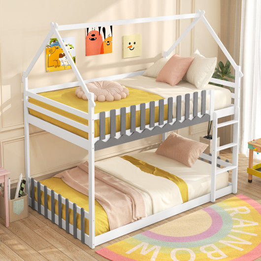 Twin Over Twin Bunk Bed with Fence and Ladder for Kids-White
