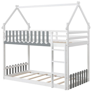 Twin Over Twin Bunk Bed with Fence and Ladder for Kids-White