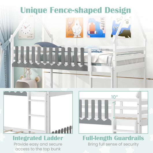 Twin Over Twin Bunk Bed with Fence and Ladder for Kids-White