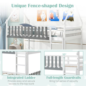 Twin Over Twin Bunk Bed with Fence and Ladder for Kids-White