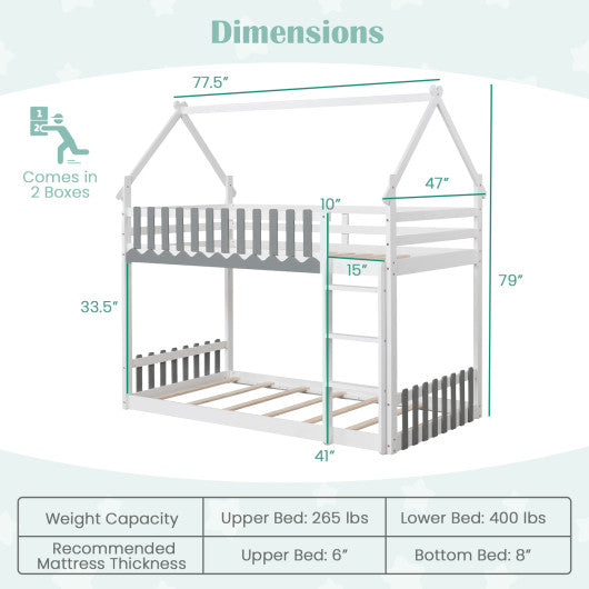 Twin Over Twin Bunk Bed with Fence and Ladder for Kids-White
