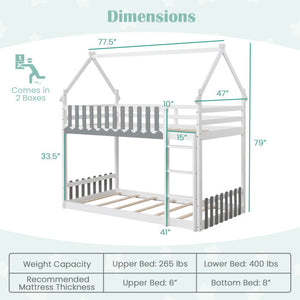 Twin Over Twin Bunk Bed with Fence and Ladder for Kids-White