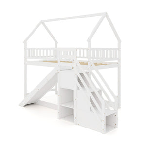 Twin Over Twin Bunk Bed with Slide and Staircase-White